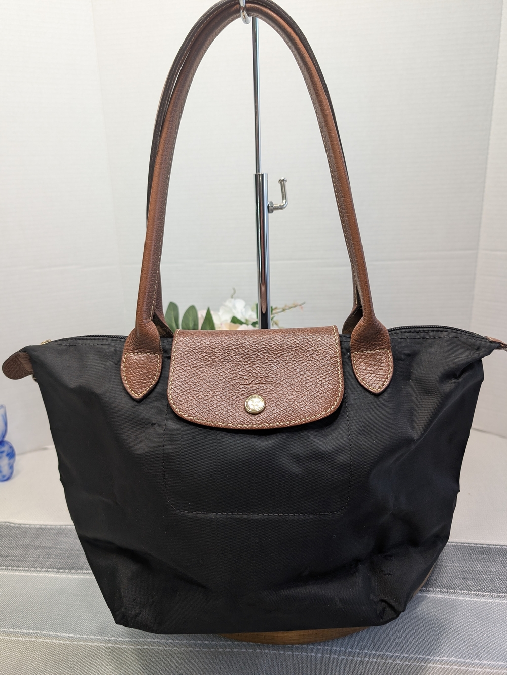 Longchamp Le Pliage Small Black Nylon Tote with Brown Leather Trim